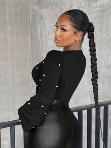 SHEIN SXY Ngọc trai đính cườm Tay áo lồng đèn Áo len Crop - màu đen - Xem 5