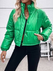 SHEIN Essnce Áo khoác độn vai có khóa kéo thả Quần áo mùa đông - màu xanh lá - Xem 4