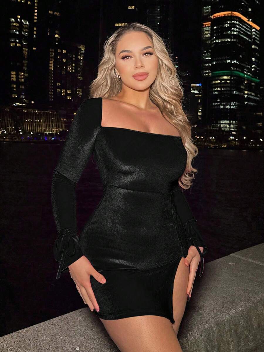 SHEIN SXY Square Neck Flounce Sleeve Split Thigh Bodycon Dress - Black - View 1