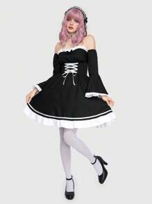 ROMWE Avant Off Shoulder Xù Hoa Sen Coa dây Thời trang thú vị - màu đen - Xem 1