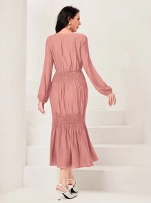 Seusyu Solid Ruffle Hem Dress - Pink - View 2