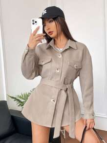 SHEIN Unity 翻蓋口袋落肩袖腰帶花呢外套 - 杏色 - 查看 3