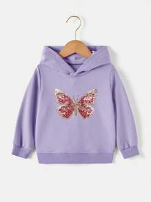RueChic Young Girls Sequin Butterfly Pattern Hoodie - Purple - View 1