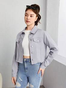 SHEIN 青少年女孩字母和車圖案牛仔夾克 - 灰色 - 查看 4