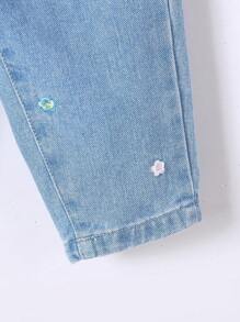 SHEIN Vacation Style Cute Casual Loose Colorful Floral Embroidered Baby Girls Blue Denim Flare Pants - Light Wash - View 6