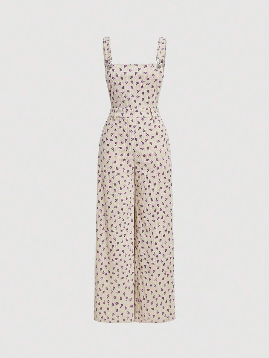 SHEIN MOD Ditsy Floral Print Wide Leg Overall Jumpsuit - Apricot - View 1