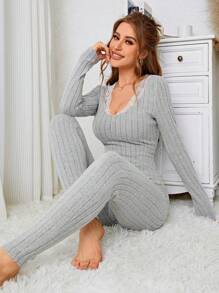 Lace Trim Ribbed Knit PJ Set / Pajama Set - Grey - View 6