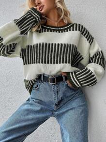 EURMUSE Striped Pattern Drop Shoulder Sweater - Khaki - View 3
