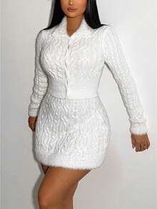 VaVaBold Cable Knit Cardigan & Knit Skirt - White - View 5