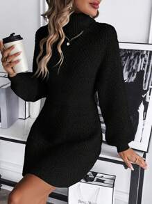 SHEIN Frenchy Áo cao cổ Tay áo lồng đèn Đầm Áo len Không có thắt lưng - màu đen - Xem 1