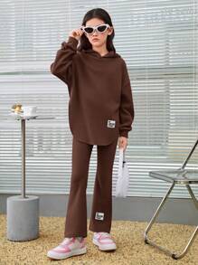 SHEIN Tween Girl Letter Patched Drop Shoulder Hoodie & Flare Leg Pants - Brown - View 5