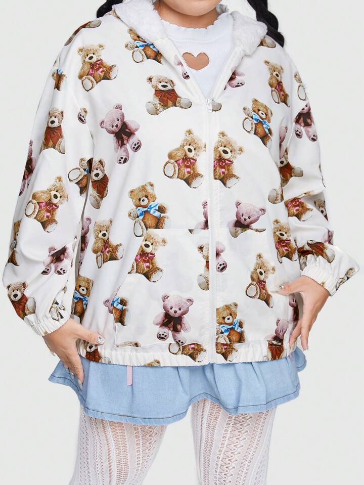 Our Kawaii Plus Size Teddy Bear Print Zipper Front Hooded Jacket