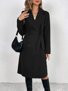 SHEIN Tall Abrigo cruzado con cinturón y cuello de solapa para otoño/invierno - Negro - Ver 5