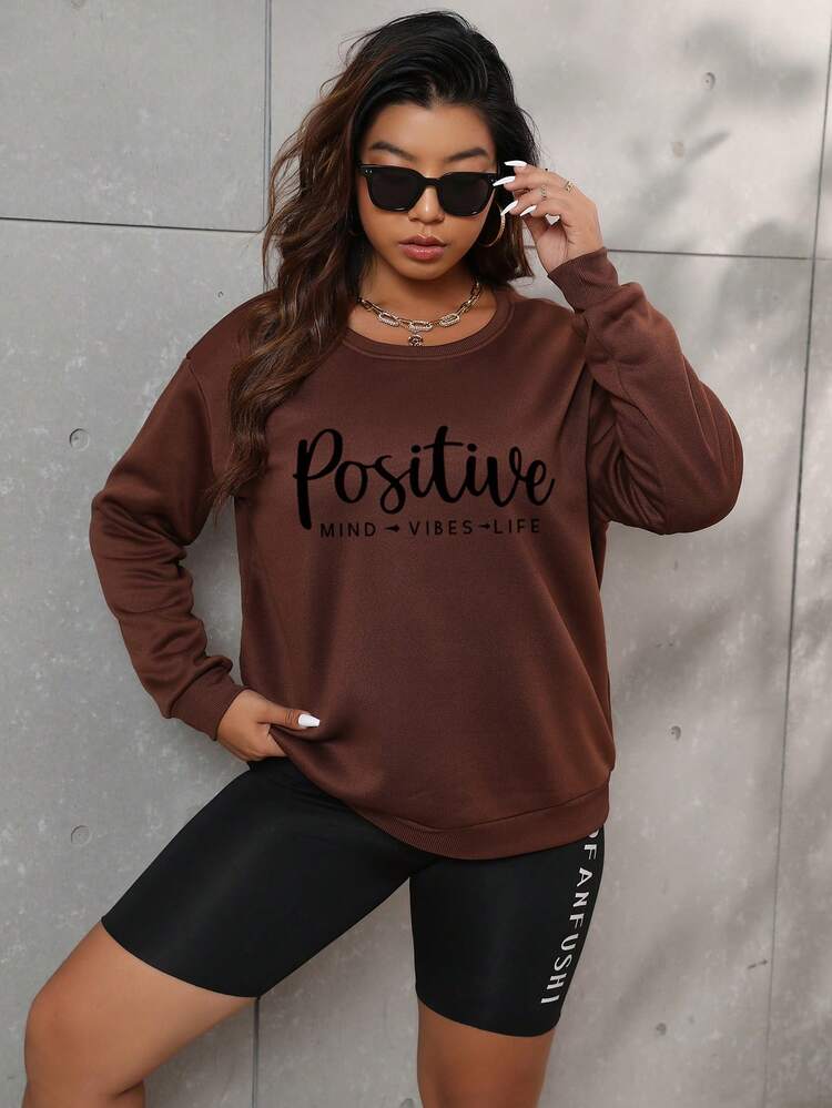 Plus Size Casual Letter Print Crew Neck Sweatshirt, Autumn/Winter Fall Cloth For Women