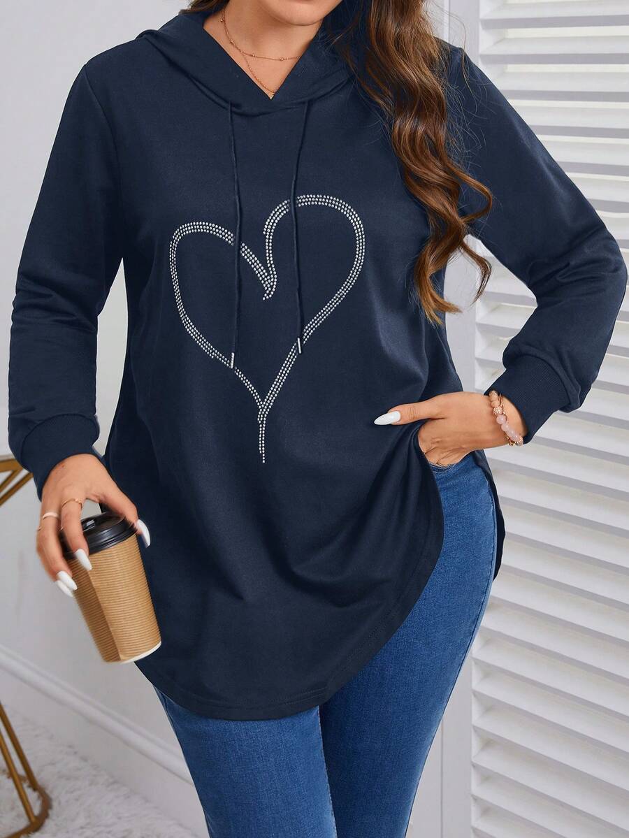 SHEIN LUNE Áo nỉ cỡ lớn có dây rút in hình trái tim đính đá - Màu xanh hải quân - Xem 1