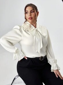 SHEIN Privé Plus Tie Neck Flounce Sleeve Blouse - Beige - View 5