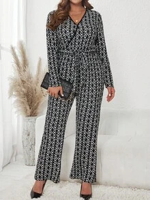 SHEIN Clasi Plus Allover Print Belted Flare Leg Jumpsuit - Black and White - View 4