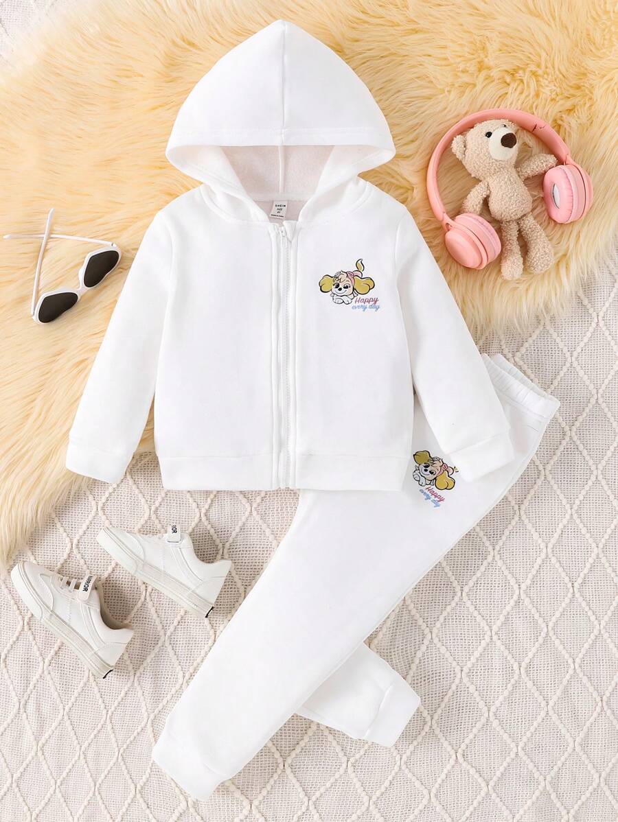 SHEIN Cô Gái Trẻ Chữ cái & Đồ họa hoạt hình Nhiệt Áo Zip Up Hoodie & Quần nỉ - trắng - Xem 1