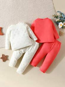 Baby Girl 2pcs Heart Print Peter Pan Collar Tee & 2pcs Pants PJ Set