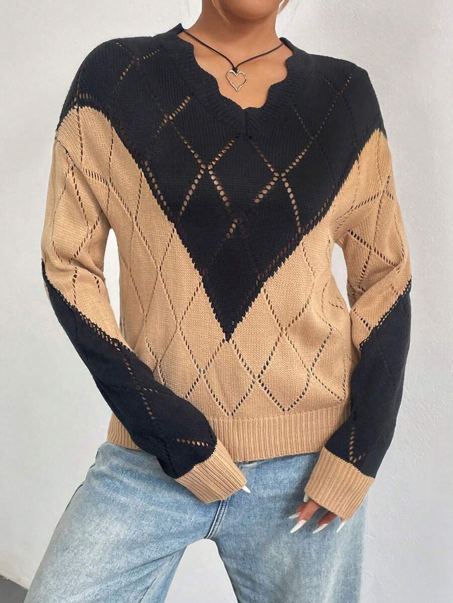 SHEIN LUNE 双色落肩镂空针织套头衫秋冬毛衣 - 駝色 - 查看 1