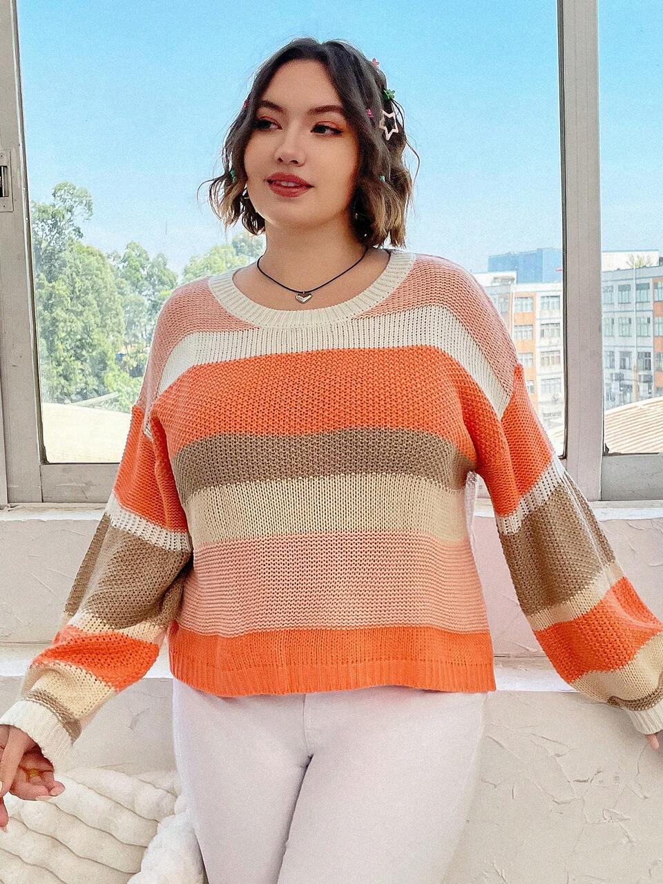 Plus Colorblock Drop Shoulder Sweater Knit Pullover Fall Winter Sweater