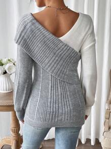 Chiquease 双色交叉落肩针织套头衫秋冬毛衣 - 彩色 - 查看 2