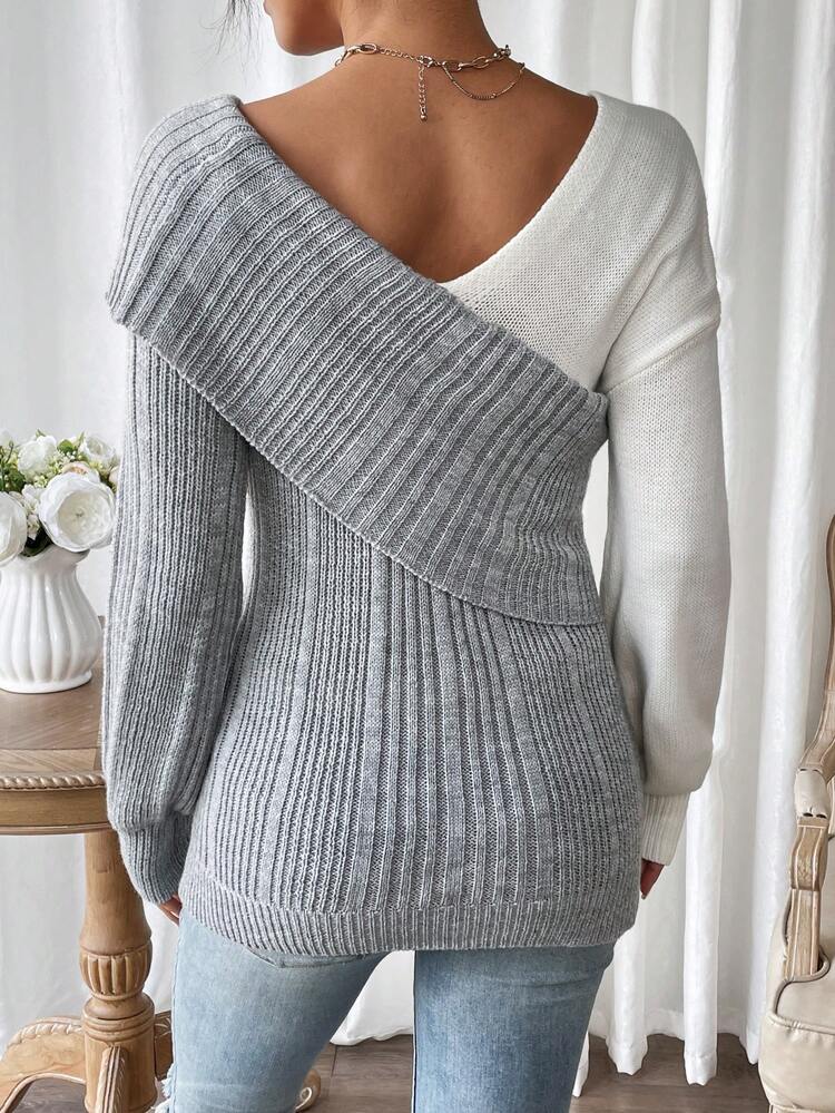 Two Tone Wrap Cross Drop Shoulder Knit Pullover Fall Winter Sweater
