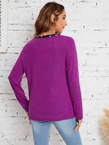 SHEIN LUNE Heart Print Pocket Patched Tee - Purple - View 2