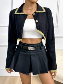 SHEIN Unity Contrast Trim Crop Cardigan - Black - View 5