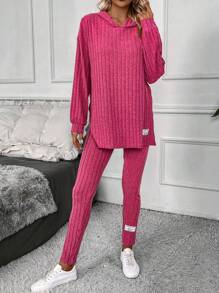 SHEIN LUNE Thả vai Viền chia cắt Hoodie & Leggings - Màu Hồng Tươi - Xem 6