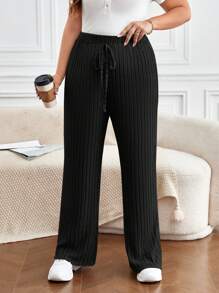 SHEIN Frenchy Plus Knot Waist Ribbed Knit Straight Leg Pants - Black - View 3