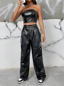 SHEIN EZwear PU Leather Tube Top & Wide Leg Pants - Black - View 4