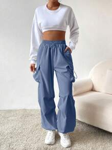 SHEIN EZwear Quần nữ Dây kéo Túi màu trơn Giải trí - Màu xanh lam - Xem 5