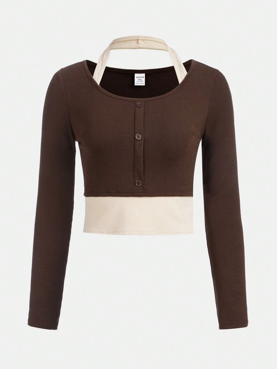 SHEIN Teen Girl Two Tone Halter Neck Ribbed Knit 2 in 1 Tee - Brown - View 1