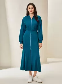 Seusyu Women Dresses Split Zip Plain Casual - Teal Blue - View 3