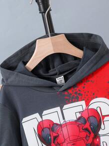 SHEIN Tween Boy Bear Print Two Tone Hoodie & Letter Graphic Sweatpants - Grey - View 4