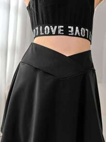 SHEIN 少女運動裙式緊身褲，附手機袋和 V 型高腰細節，適合戶外運動、健身、瑜珈、有氧運動 - 黑色 - 查看 4