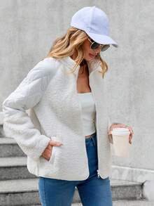 SHEIN LUNE 插肩袖拼接面拉鏈開襟絨毛外套 - 白色 - 查看 5