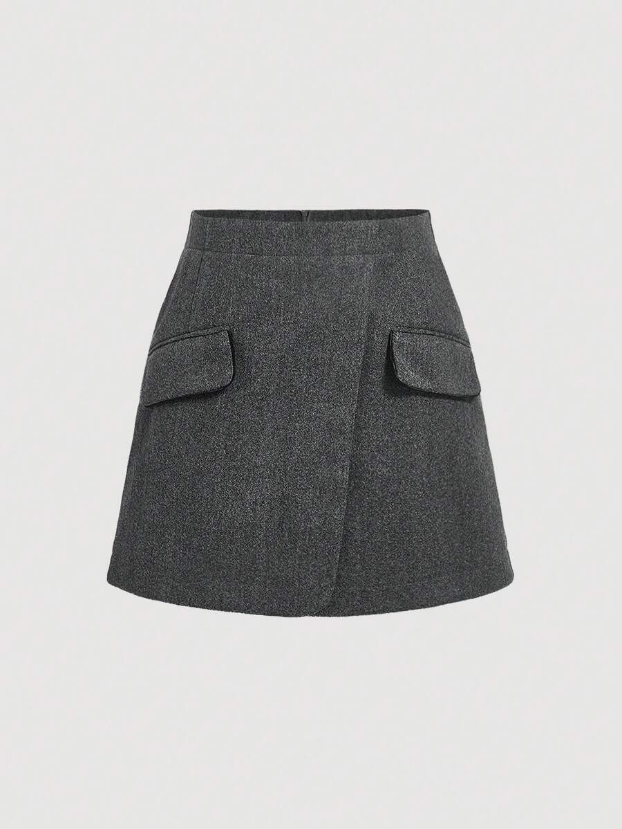 SHEIN MOD Zip Back Flap Detail Skirt - Dark Grey - View 1
