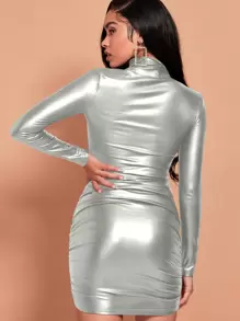 SHEIN SXY Mock Neck Ruched PU Leather Bodycon Dress - Silver - View 2