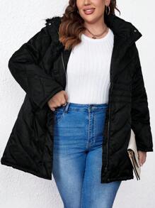 SHEIN LUNE Plus Zip Up Fuzzy Trim Hooded Padded Padded Coat Clothes Winter - Black - View 7