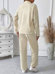 Chiquease Half Zip Drop Shoulder Tee & Pants - Apricot - View 2
