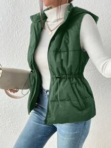 SHEIN Frenchy Drawstring Waist Zipper Hooded Vest  Black Casual Coat - Dark Green - View 1