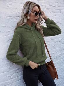 EMERY ROSE Drop Shoulder Drawstring Flannel Hoodie - Army Green - View 3