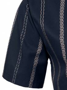 男士轻薄商务休闲几何条纹Polo衫，夏季 - 藏蓝色 - 查看 7