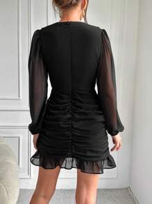 EURMUSE Women's V-neck Joint Mesh Layered Hem Dress With Ruffle Detail - Black - View 2