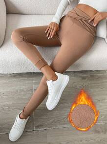 Chiquease 素色交叉圍裹寬腰帶保暖緊身打底褲 - 摩卡棕 - 查看 3