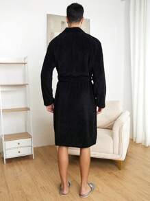 Hombres Bata homewear con bordado de corazón con doble bolsillo con cinturón teddy - Negro - Ver 2