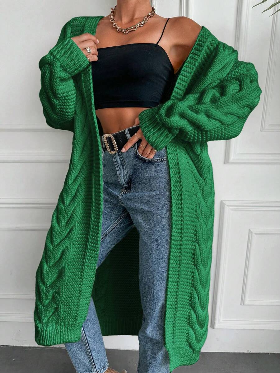 EURMUSE Cable Knit Drop Shoulder Open Front Cardigan - Dark Green - View 1