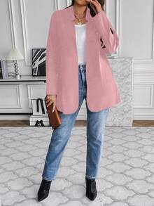 SHEIN Franclia Kích thước lớn Của phụ nữ Màu thuần Mặt trước Mở Giải trí Áo khoác - Hồng - Xem 5